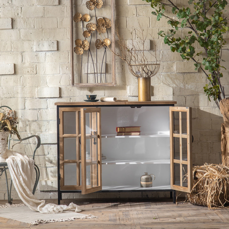 Wood and Iron Chest with Doors Bar Pulls Accent Cabinet with Shelves
