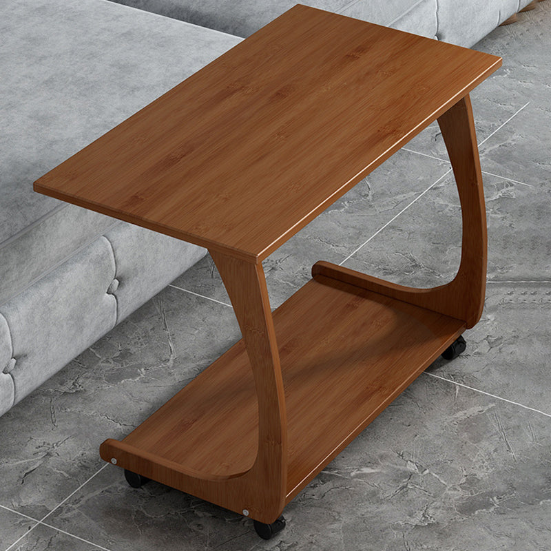 Bamboo Sofa Side Accent Table in Brown Modern 1 - Shelf End Table with Casters