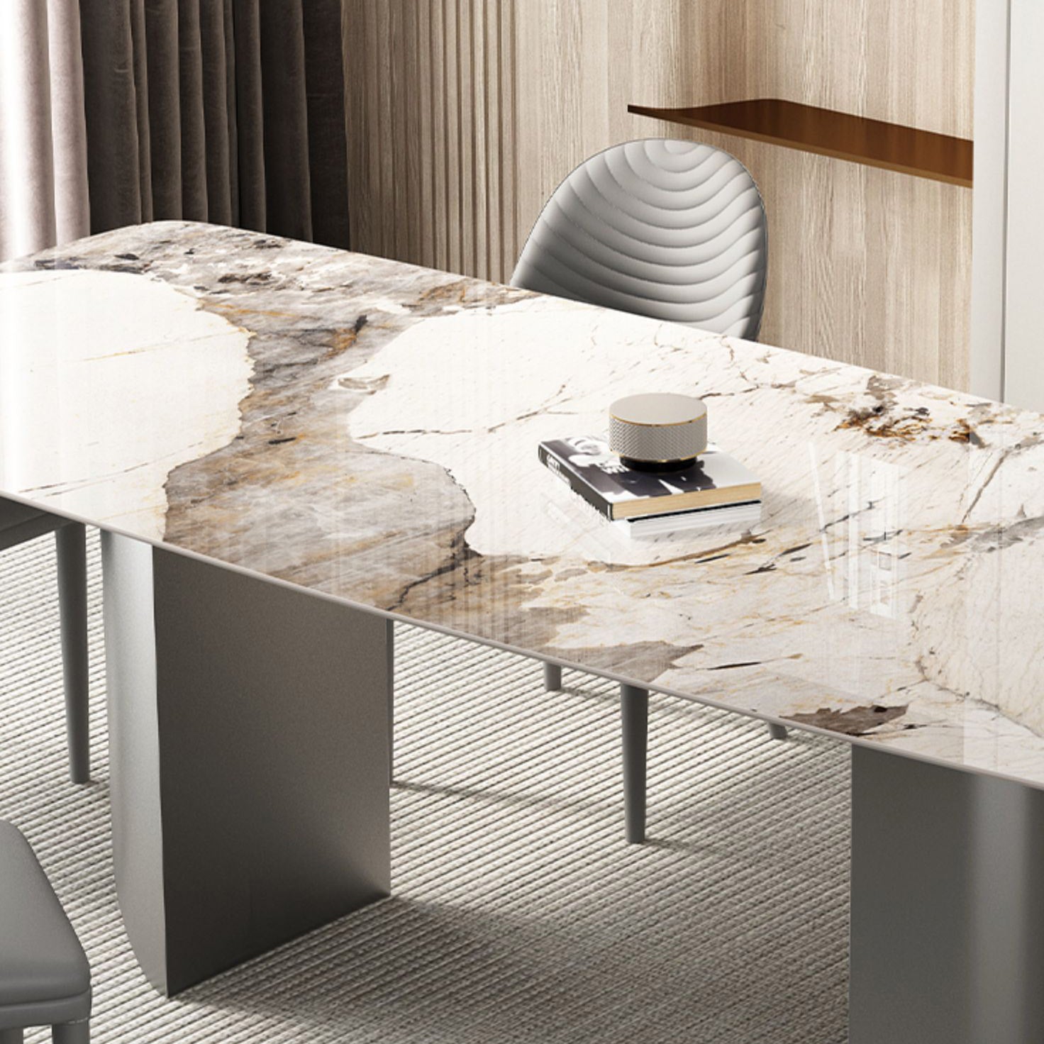 Industrial Rectangle Dining Table Sintered Stone Table with Metal Legs for Kitchen