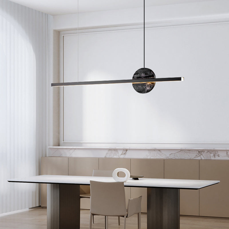 Linear LED Kitchen Island Fixture in Black / Gold Brass and Marble Ceiling Pendant