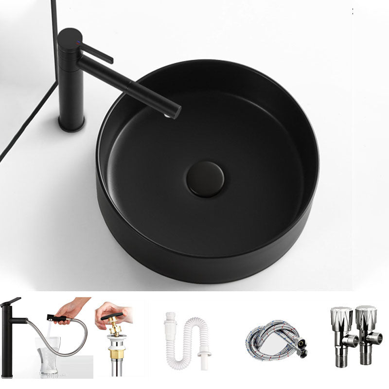 Modern Vessel Bathroom Sink Round Porcelain with Overflow And Drain Assembly Vessel Sink