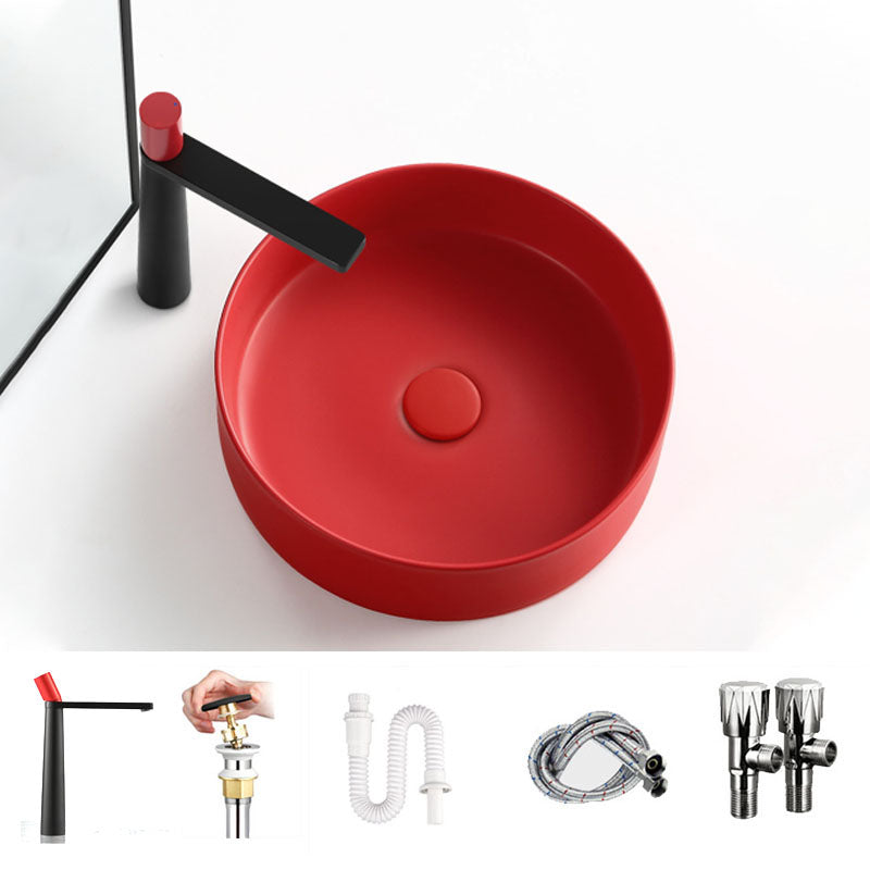 Modern Vessel Bathroom Sink Round Porcelain with Overflow And Drain Assembly Vessel Sink