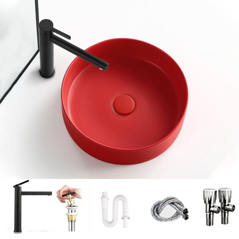 Modern Vessel Bathroom Sink Round Porcelain with Overflow And Drain Assembly Vessel Sink