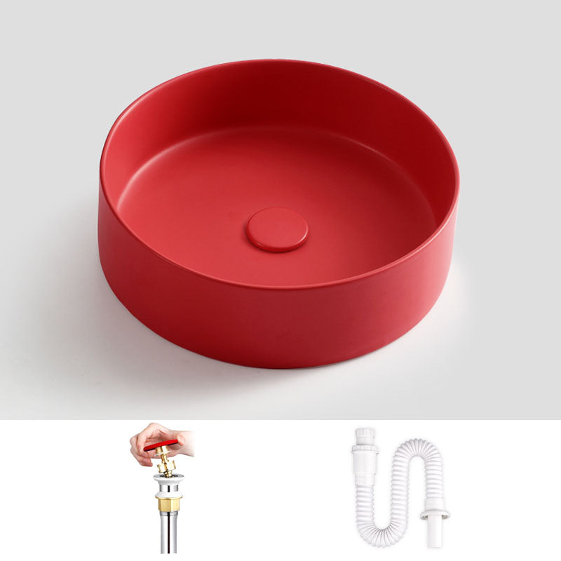 Modern Vessel Bathroom Sink Round Porcelain with Overflow And Drain Assembly Vessel Sink
