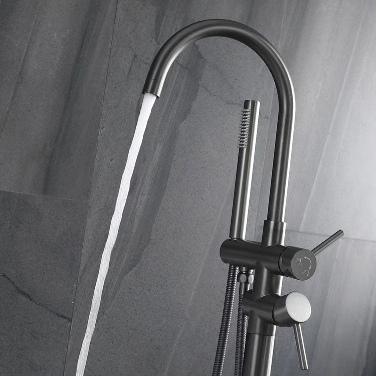 Floor Mounted Metal Freestanding Tub Filler Double Handles Freestanding Faucet with Hose