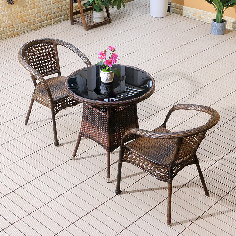 Faux Rattan Patio Dining Side Chair with Steel Base in Brown