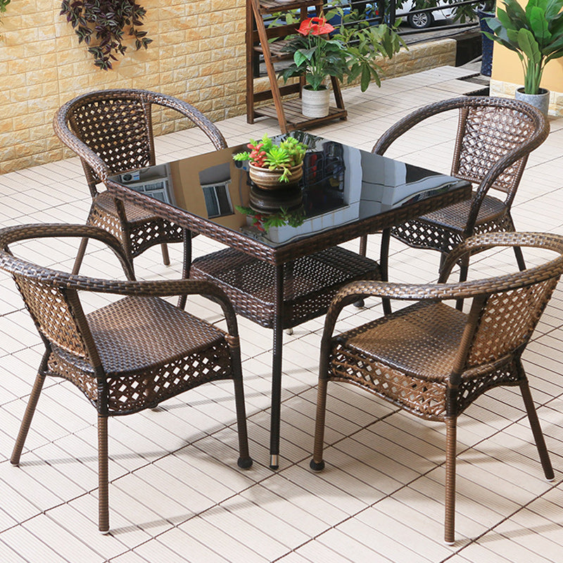 Faux Rattan Patio Dining Side Chair with Steel Base in Brown