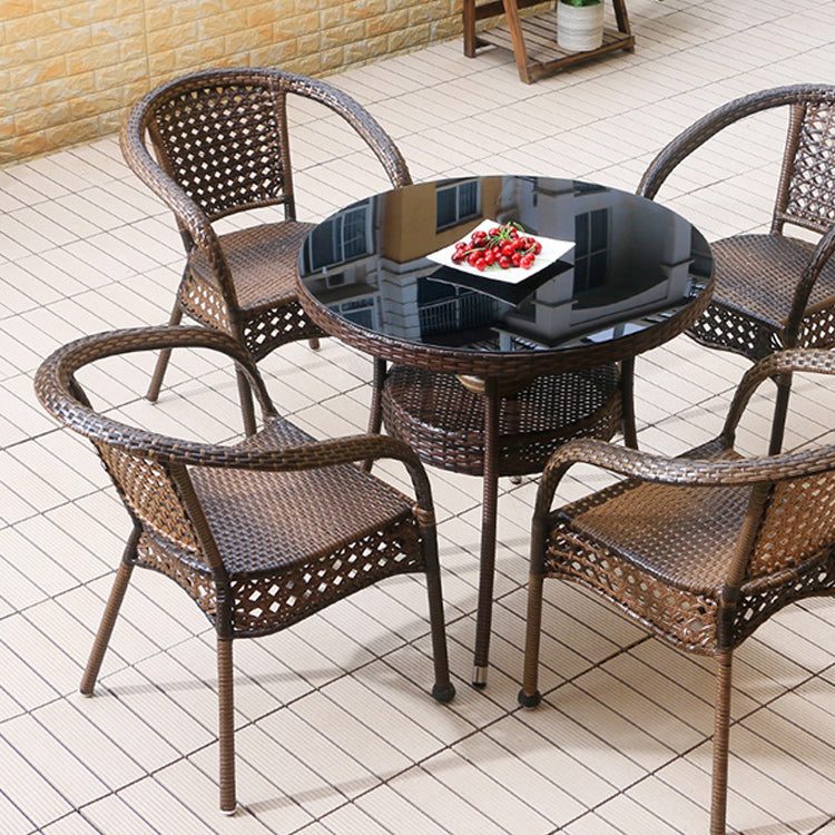 Faux Rattan Patio Dining Side Chair with Steel Base in Brown