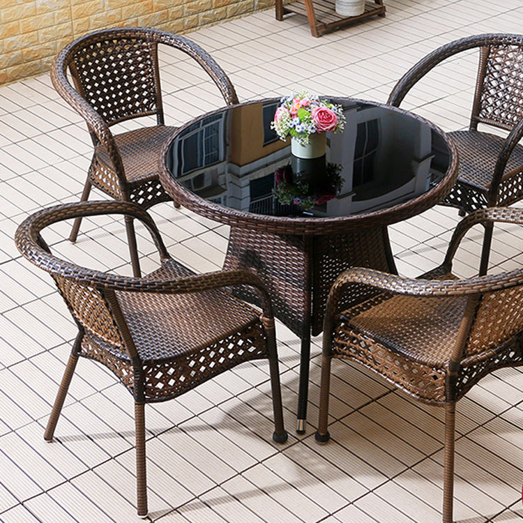 Faux Rattan Patio Dining Side Chair with Steel Base in Brown