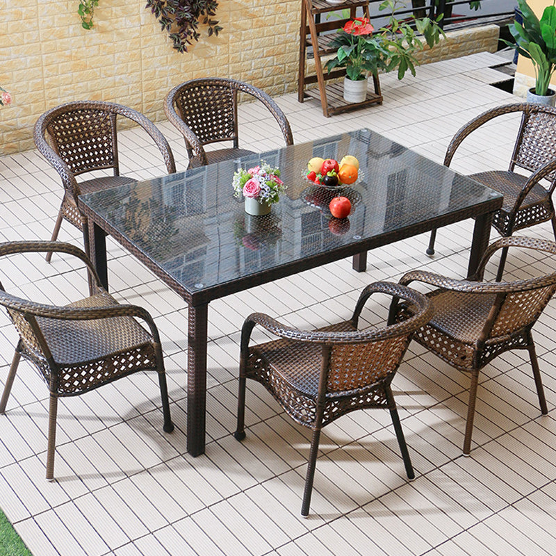 Faux Rattan Patio Dining Side Chair with Steel Base in Brown