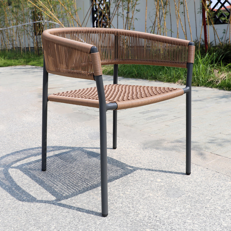 Tropical Brown Faux Rattan Patio Arm Chair with Balck Aluminum Base