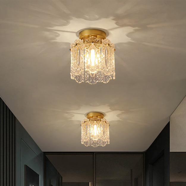 Drum Shape Flush Ceiling Lights Modern Style Glass 1 Light Flush Mount Fixture in Gold