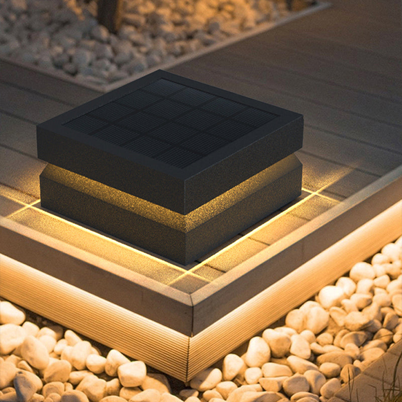 Rectangular Shape Metal Outdoor Lights Modern Style 1-Light Solar Pillar Lamp in Black