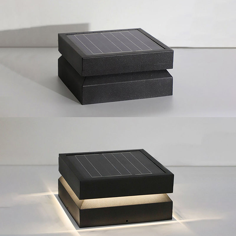 Rectangular Shape Metal Outdoor Lights Modern Style 1-Light Solar Pillar Lamp in Black