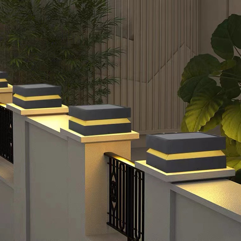 Rectangular Shape Metal Outdoor Lights Modern Style 1-Light Solar Pillar Lamp in Black