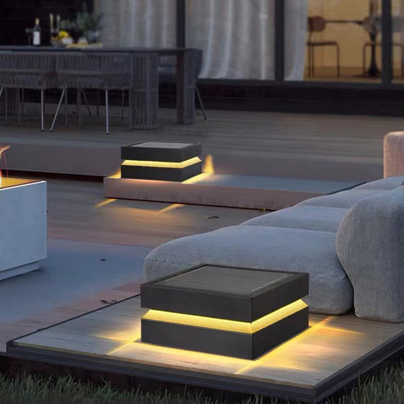 Rectangular Shape Metal Outdoor Lights Modern Style 1-Light Solar Pillar Lamp in Black