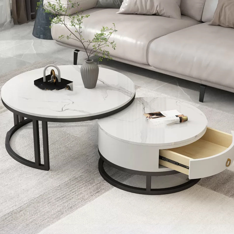Glam Nesting Coffee Table Set Frame Round Slate Coffee Table with Drawer