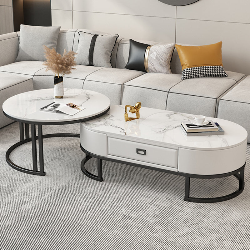 Glam Nesting Coffee Table Set Frame Round Slate Coffee Table with Drawer