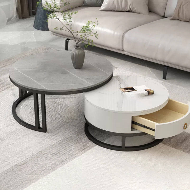 Glam Nesting Coffee Table Set Frame Round Slate Coffee Table with Drawer