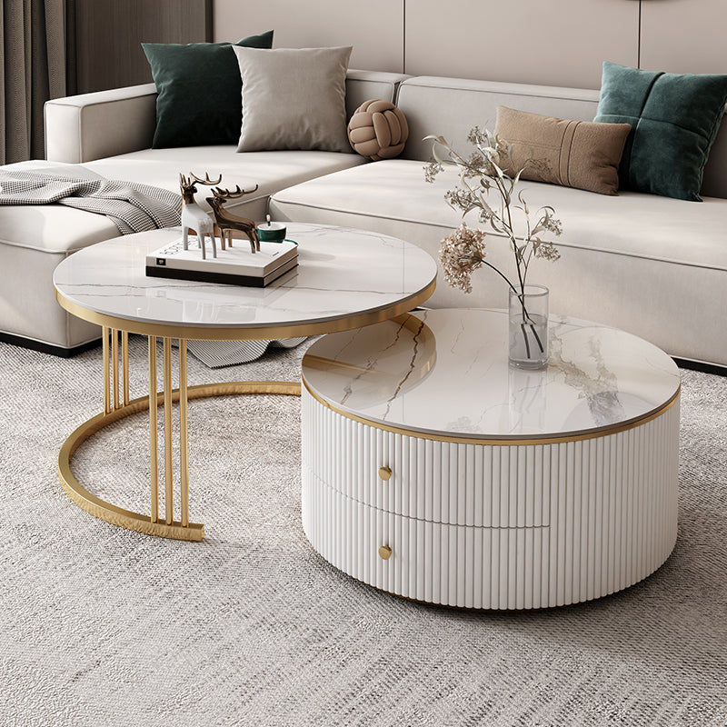 Round Frame Coffee Table Slate Nesting Coffee Table Set with Storage