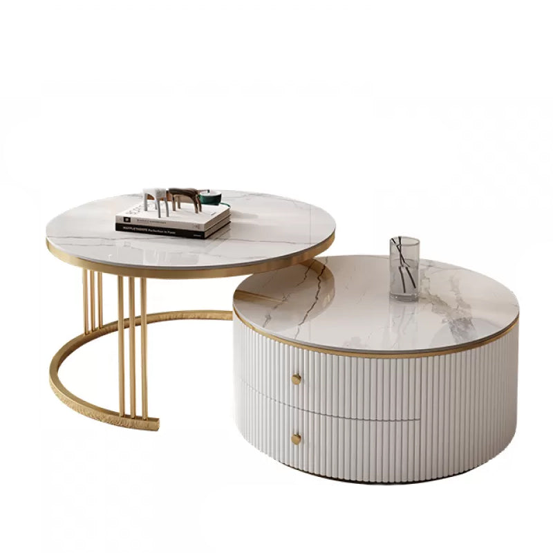 Round Frame Coffee Table Slate Nesting Coffee Table Set with Storage