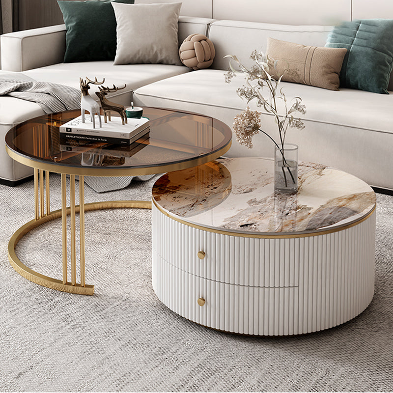 Round Frame Coffee Table Slate Nesting Coffee Table Set with Storage