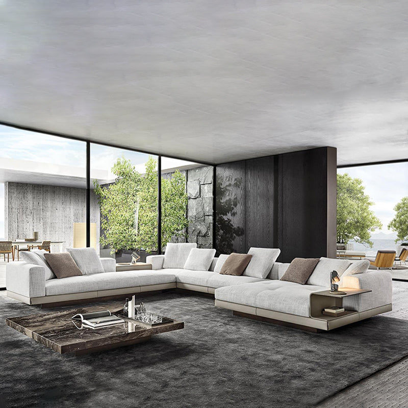 Contemporary Genuine Leather Sofa Square Arm Loose Back Sofa with Table