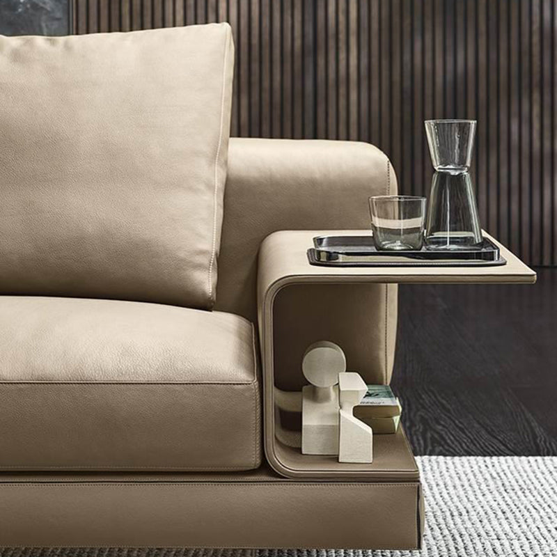 Contemporary Genuine Leather Sofa Square Arm Loose Back Sofa with Table