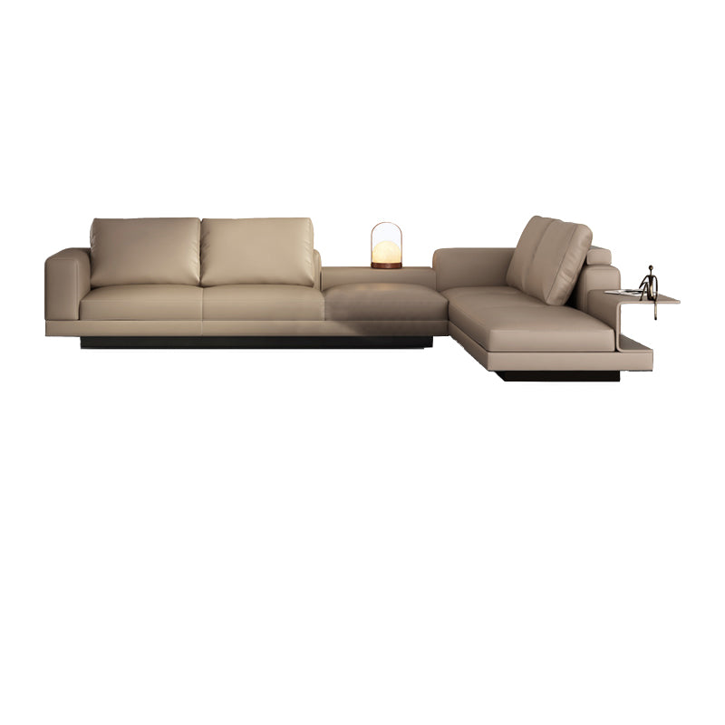 Contemporary Genuine Leather Sofa Square Arm Loose Back Sofa with Table