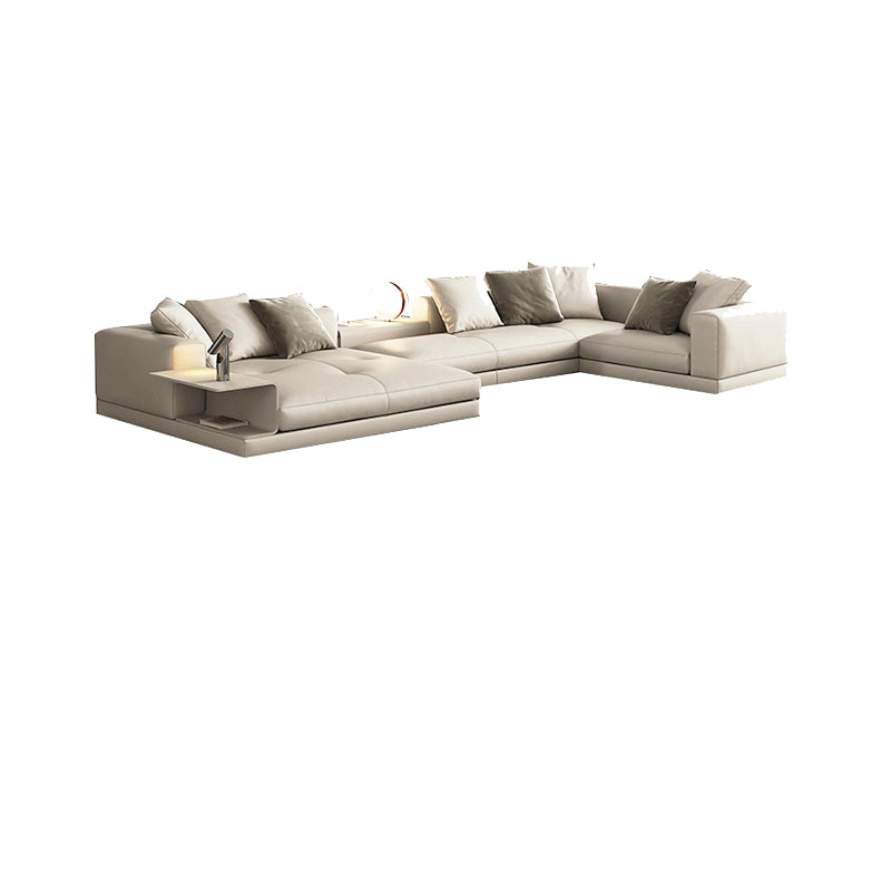Contemporary Genuine Leather Sofa Square Arm Loose Back Sofa with Table