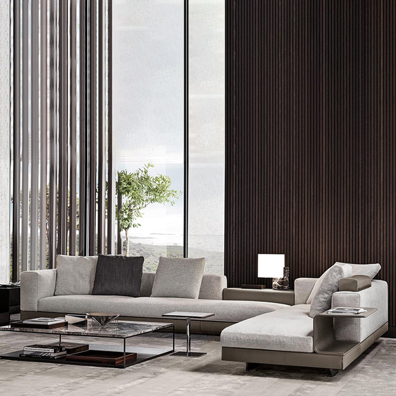 Contemporary Genuine Leather Sofa Square Arm Loose Back Sofa with Table
