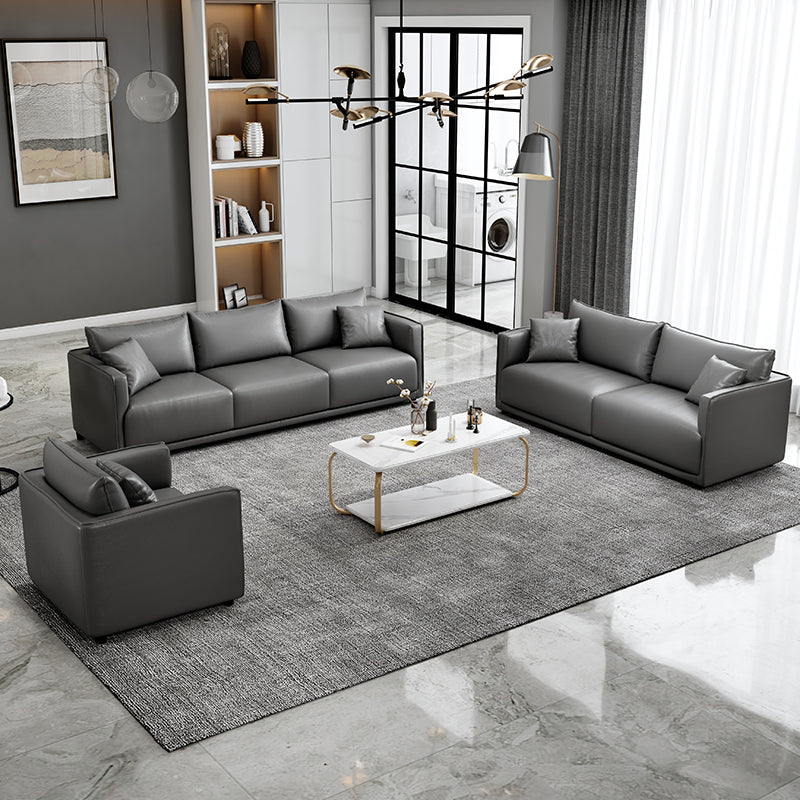 Minimalist 3-Seater Faux Leather Sofa Square Arm Loose Back Sofa