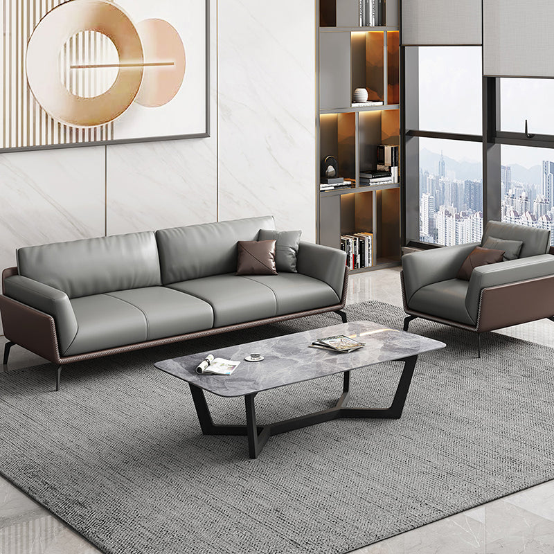 Modern Style Gray Leather Sofa Flared Arm Loose Back Sofa with Pillows