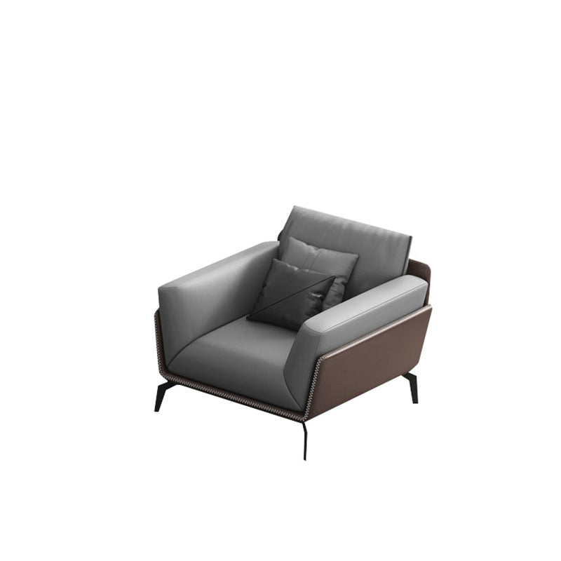 Modern Style Gray Leather Sofa Flared Arm Loose Back Sofa with Pillows