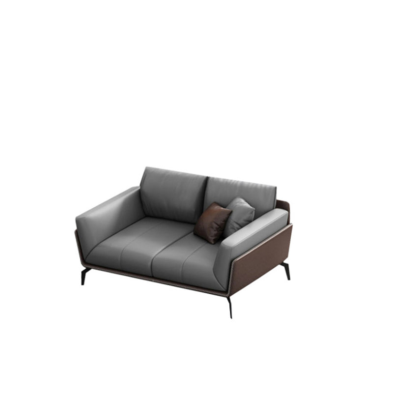 Modern Style Gray Leather Sofa Flared Arm Loose Back Sofa with Pillows