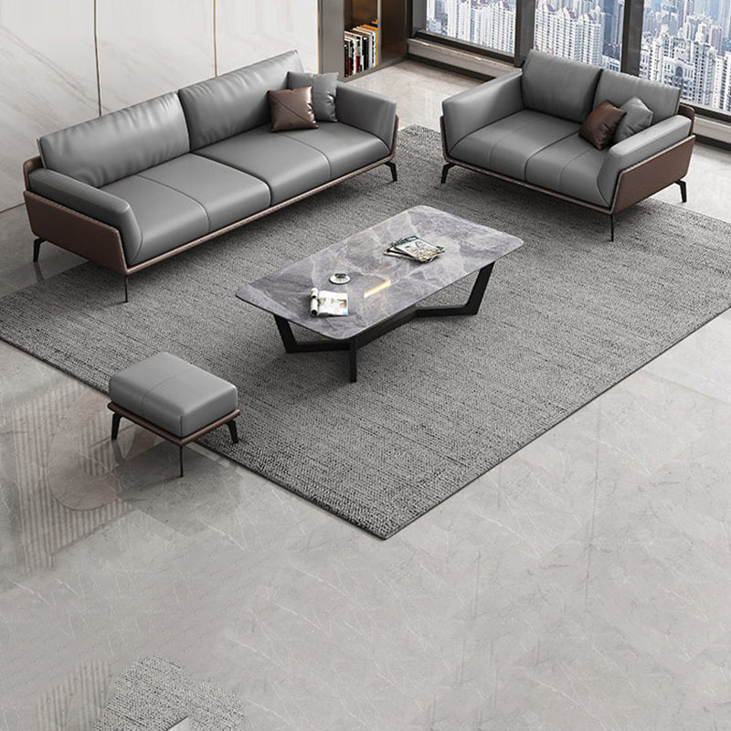 Modern Style Gray Leather Sofa Flared Arm Loose Back Sofa with Pillows