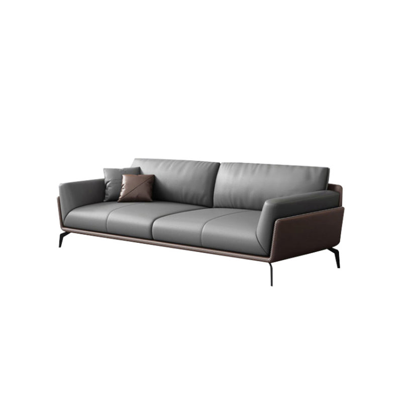 Modern Style Gray Leather Sofa Flared Arm Loose Back Sofa with Pillows
