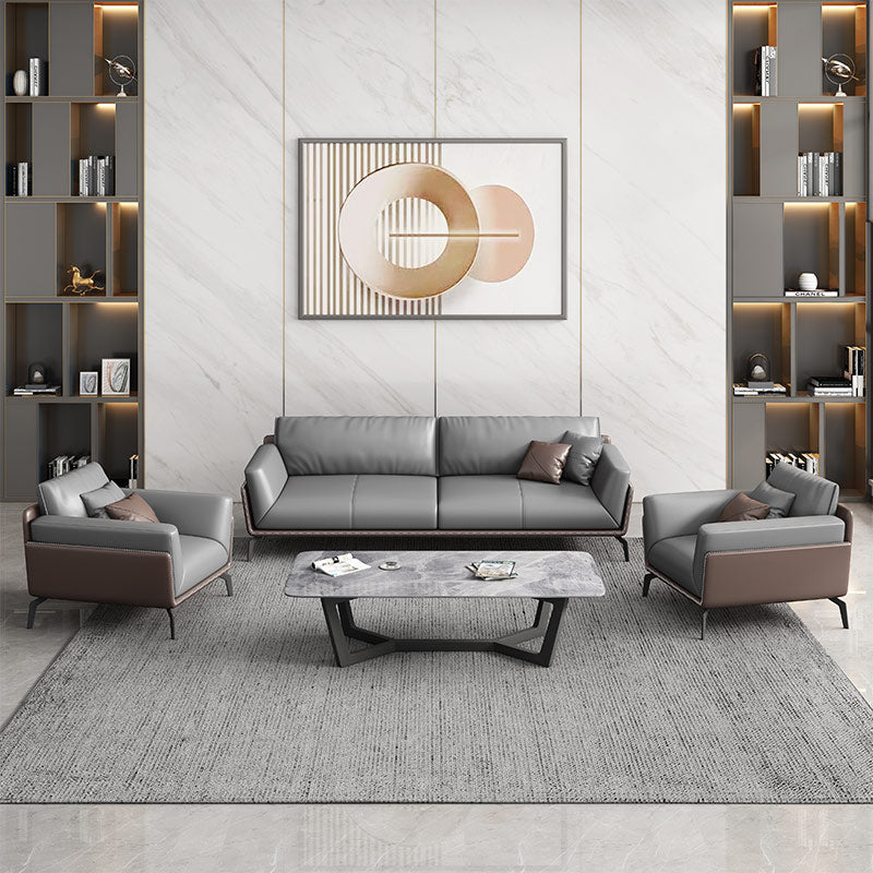 Modern Style Gray Leather Sofa Flared Arm Loose Back Sofa with Pillows