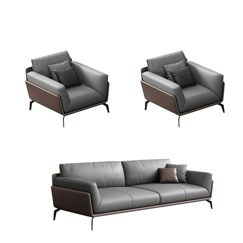 Modern Style Gray Leather Sofa Flared Arm Loose Back Sofa with Pillows