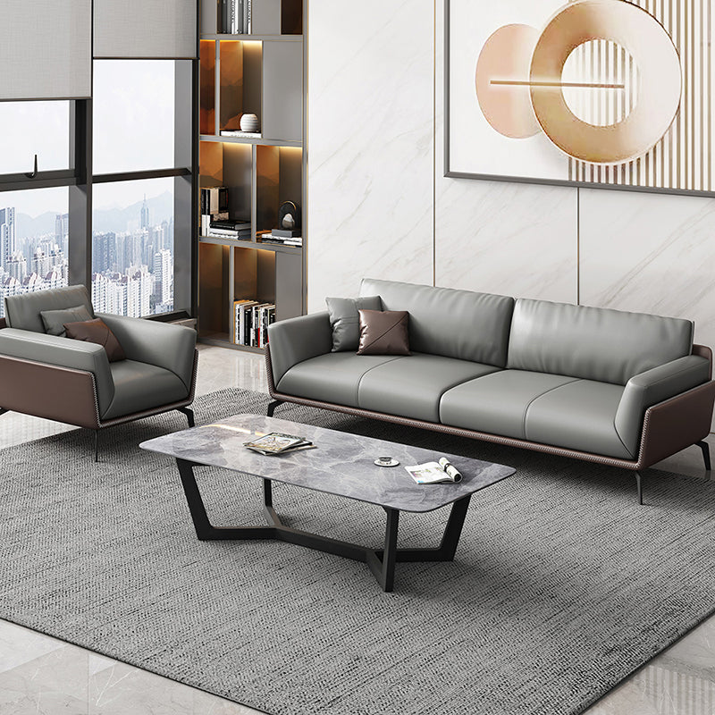 Modern Style Gray Leather Sofa Flared Arm Loose Back Sofa with Pillows