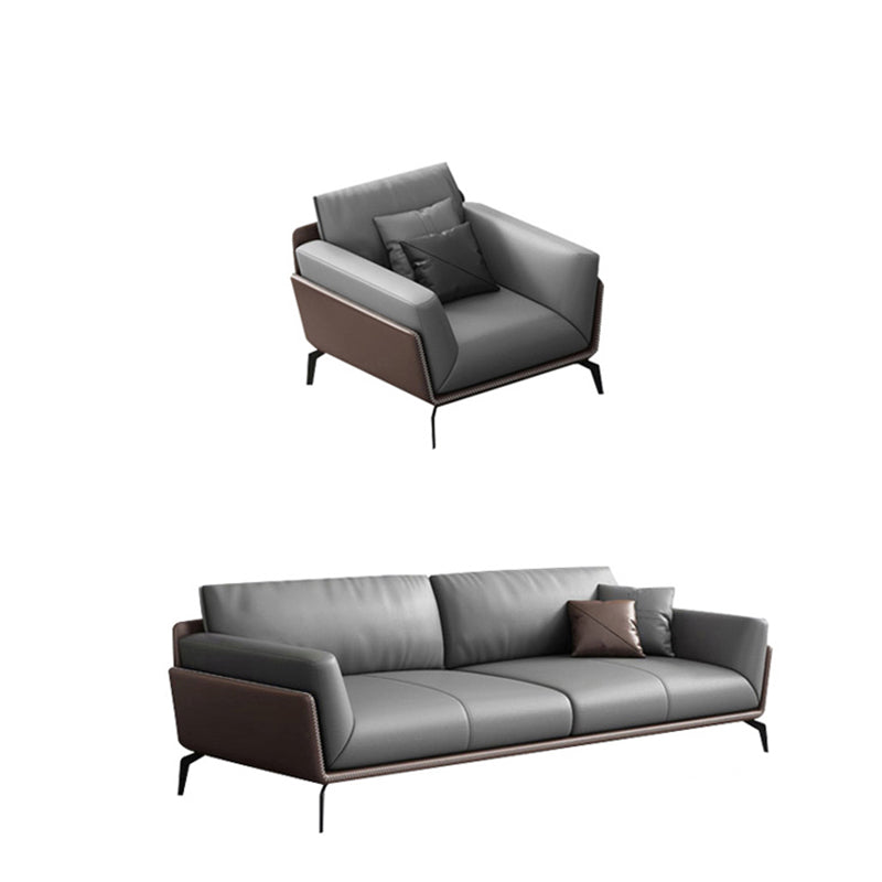 Modern Style Gray Leather Sofa Flared Arm Loose Back Sofa with Pillows