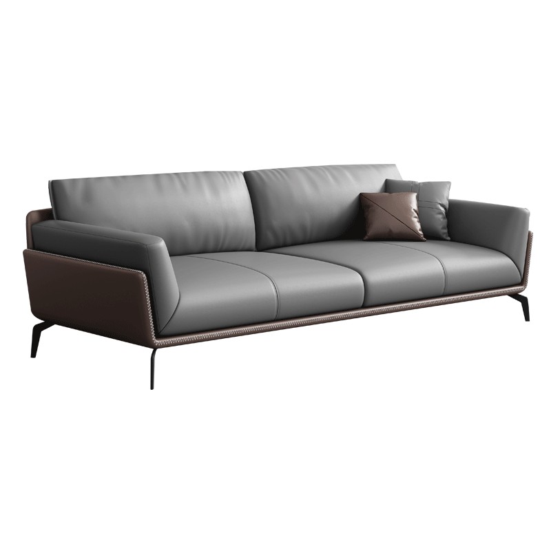 Modern Style Gray Leather Sofa Flared Arm Loose Back Sofa with Pillows