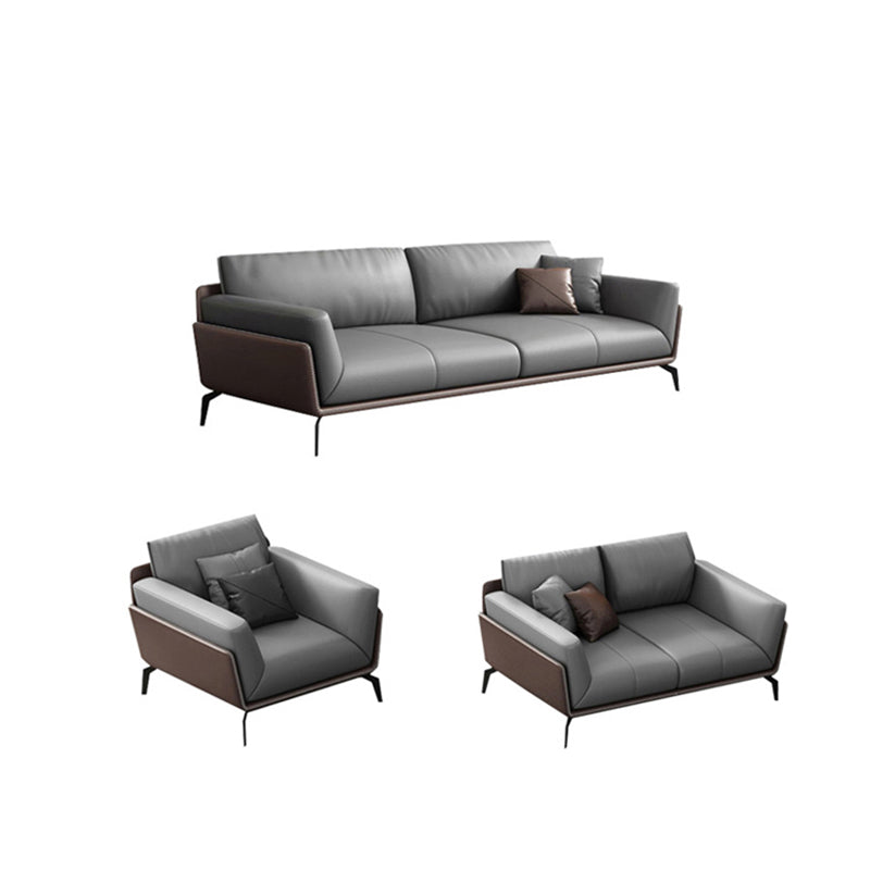 Modern Style Gray Leather Sofa Flared Arm Loose Back Sofa with Pillows