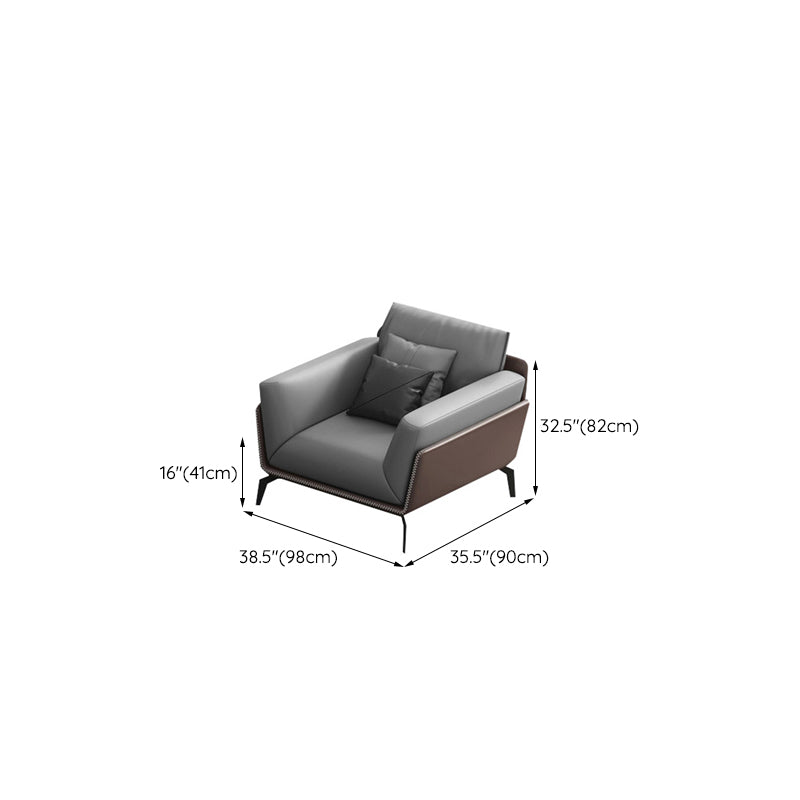 Modern Style Gray Leather Sofa Flared Arm Loose Back Sofa with Pillows