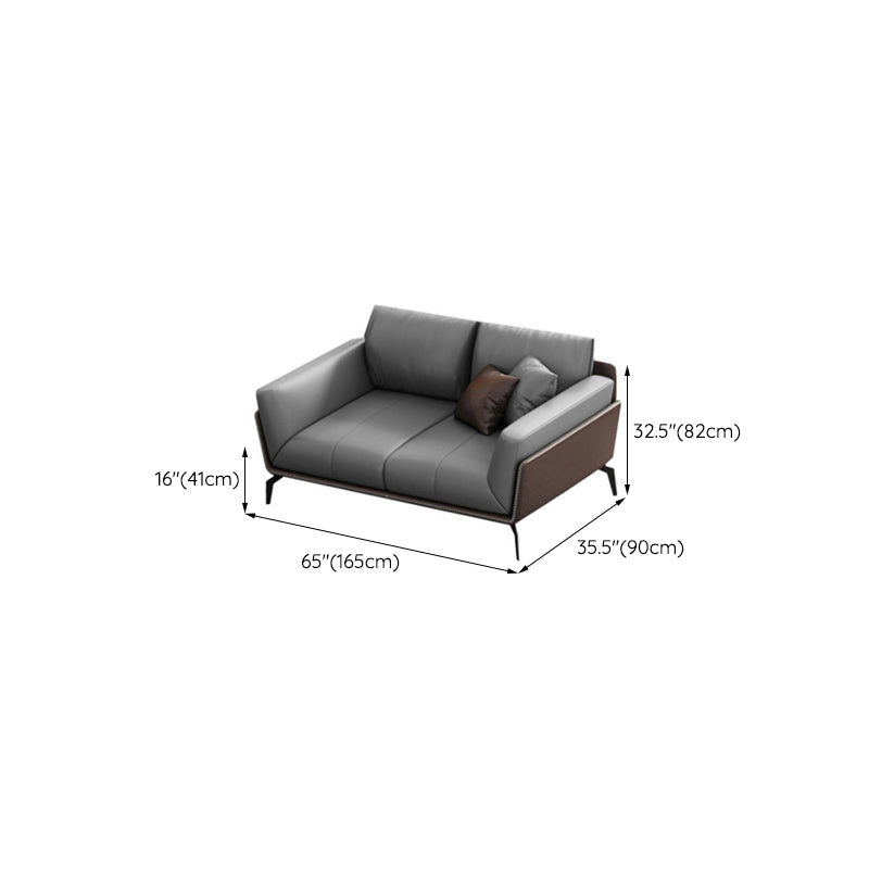 Modern Style Gray Leather Sofa Flared Arm Loose Back Sofa with Pillows