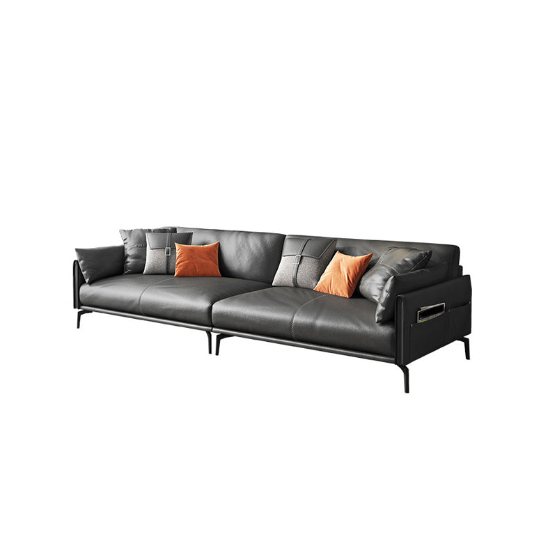Mid-Century Modern Loose Back Sofa Gray Genuine Leather Aqure Arm Sofa