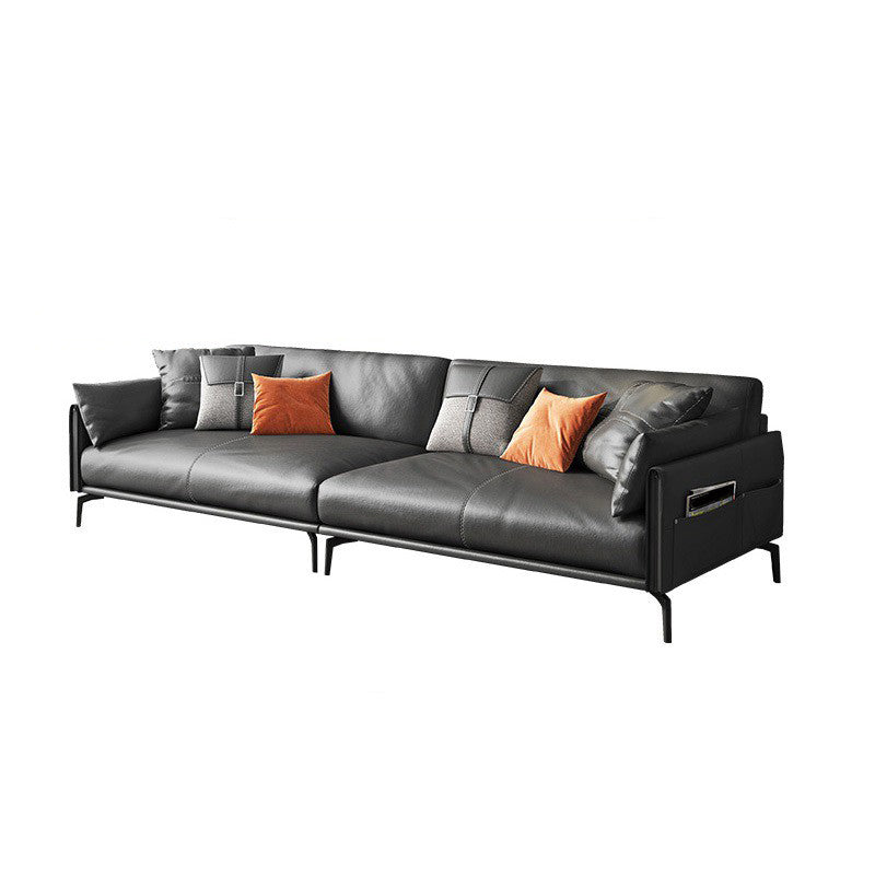 Mid-Century Modern Loose Back Sofa Gray Genuine Leather Aqure Arm Sofa