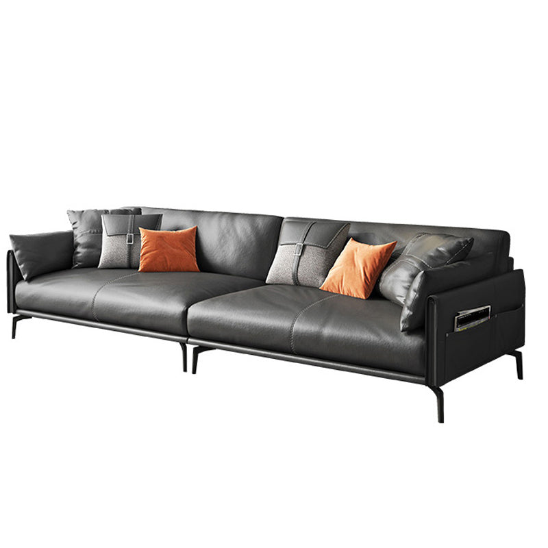 Mid-Century Modern Loose Back Sofa Gray Genuine Leather Aqure Arm Sofa