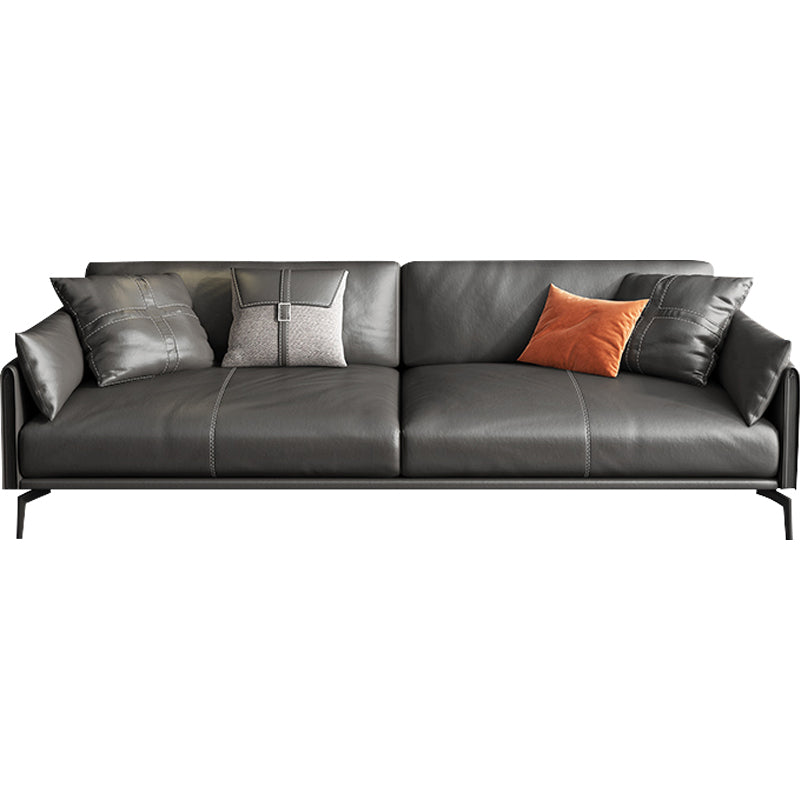 Mid-Century Modern Loose Back Sofa Gray Genuine Leather Aqure Arm Sofa
