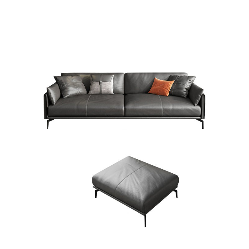 Mid-Century Modern Loose Back Sofa Gray Genuine Leather Aqure Arm Sofa